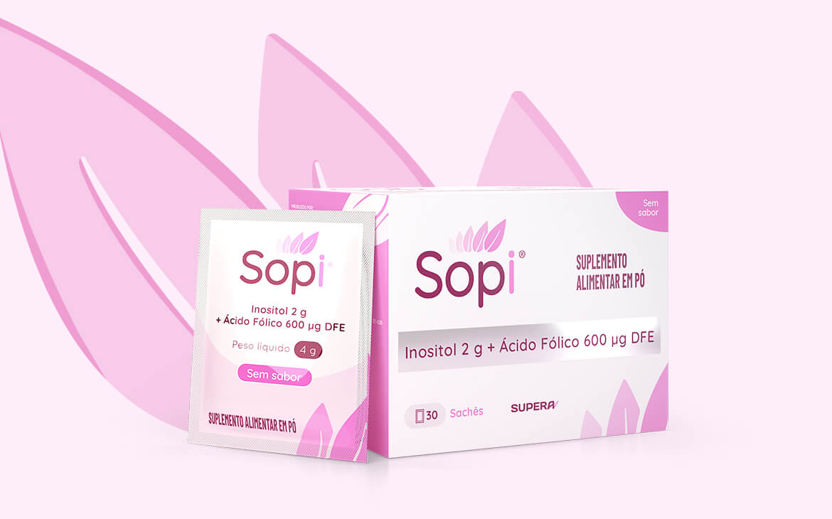 Caixa rosa de um produto de suplemento alimentar com aspectos únicos de identidade visual